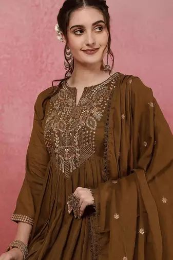 mehendi green chanderi silk blend sequins embroidered kurta set with dupatta