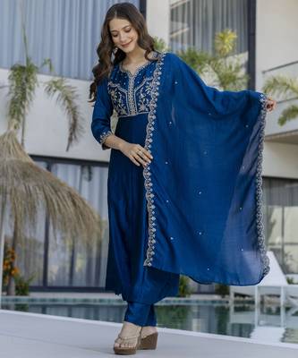 Teal blue vichitra silk blend sequins embroidered kurta set with dupatta 3