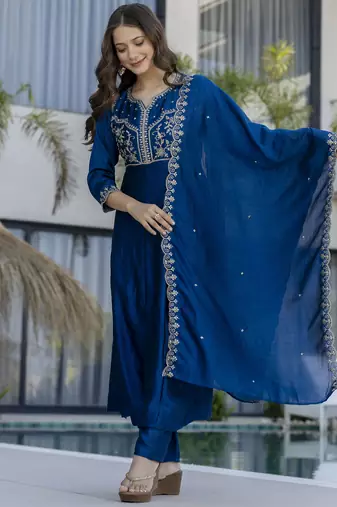 Teal blue vichitra silk blend sequins embroidered kurta set with dupatta