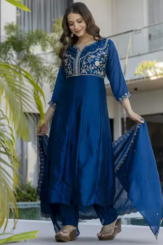 Teal blue vichitra silk blend sequins embroidered kurta set with dupatta