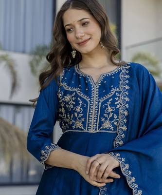 Teal blue vichitra silk blend sequins embroidered kurta set with dupatta 5