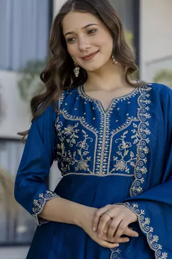 Teal blue vichitra silk blend sequins embroidered kurta set with dupatta