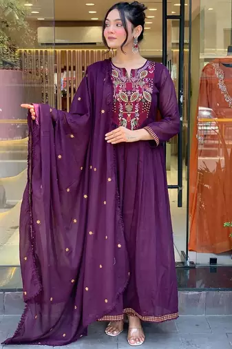 purple chanderi silk blend sequins embroidered kurta set with dupatta