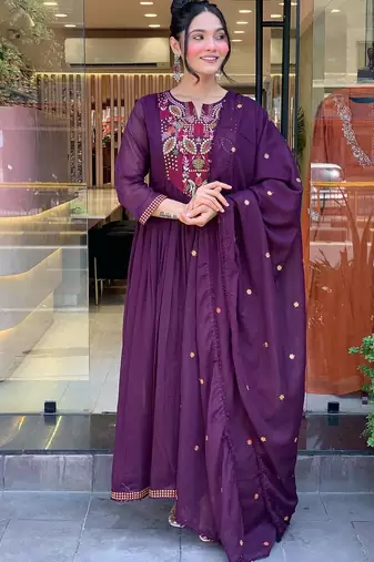 purple chanderi silk blend sequins embroidered kurta set with dupatta