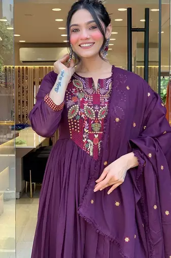 purple chanderi silk blend sequins embroidered kurta set with dupatta