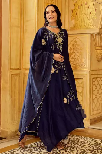 blue chanderi silk blend embroidered kurta set with dupatta