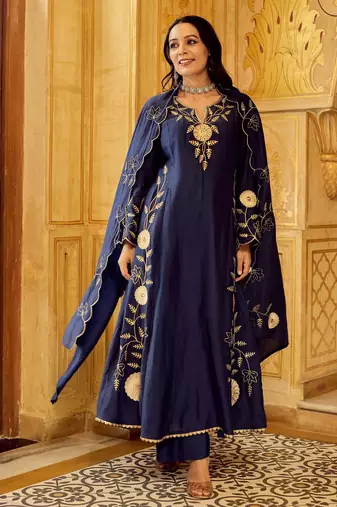 blue chanderi silk blend embroidered kurta set with dupatta