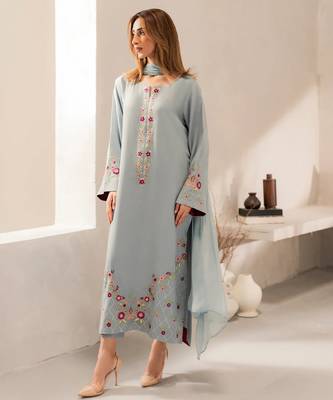 aqua blue chanderi silk blend sequins embroidered kurta set with dupatta 1