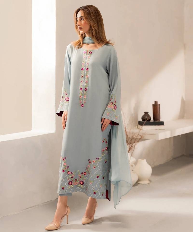 aqua blue chanderi silk blend sequins embroidered kurta set with dupatta