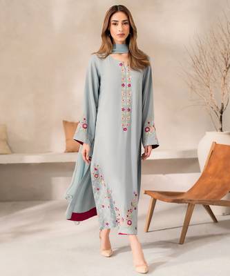 aqua blue chanderi silk blend sequins embroidered kurta set with dupatta 2