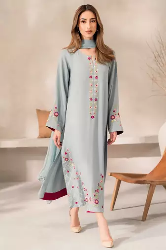 aqua blue chanderi silk blend sequins embroidered kurta set with dupatta