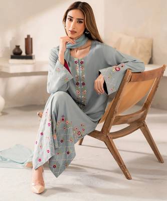 aqua blue chanderi silk blend sequins embroidered kurta set with dupatta 3