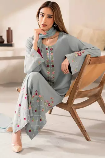 aqua blue chanderi silk blend sequins embroidered kurta set with dupatta