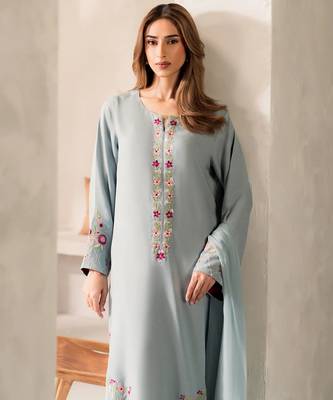 aqua blue chanderi silk blend sequins embroidered kurta set with dupatta 4