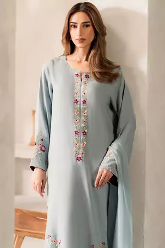 aqua blue chanderi silk blend sequins embroidered kurta set with dupatta
