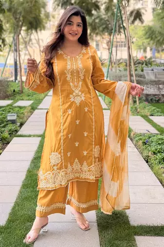 yellow roman silk blend sequins kurta set with dupatta