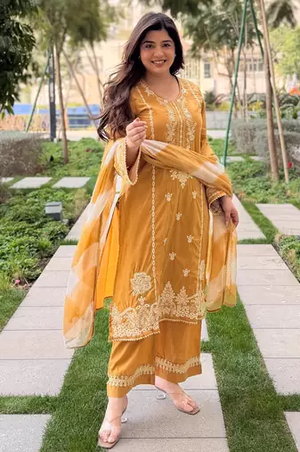 yellow roman silk blend sequins kurta set with dupatta