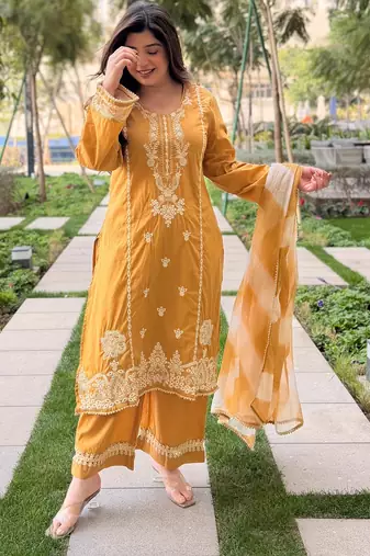 yellow roman silk blend sequins kurta set with dupatta
