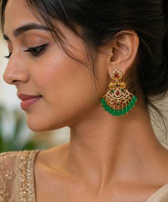 Traditional South Indian Green Beads, Ruby & AD CZ Studded Temple Chandbali Earrings for Women & Girls   1