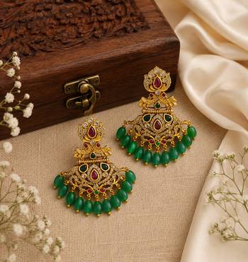 Traditional South Indian Green Beads, Ruby & AD CZ Studded Temple Chandbali Earrings for Women & Girls   2