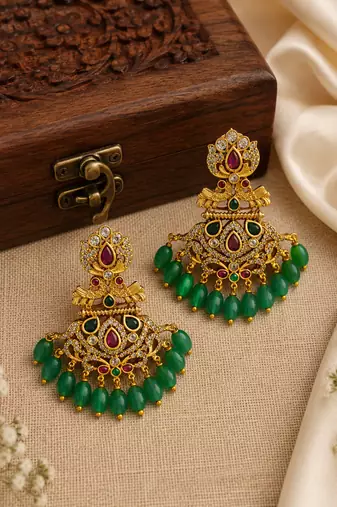Traditional South Indian Green Beads, Ruby & AD CZ Studded Temple Chandbali Earrings for Women & Girls  