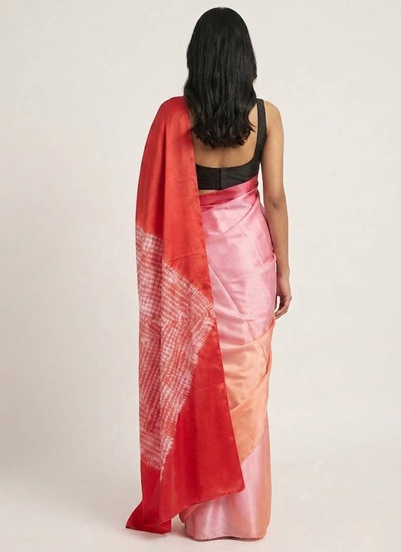 Red printed satin saree with blouse piece