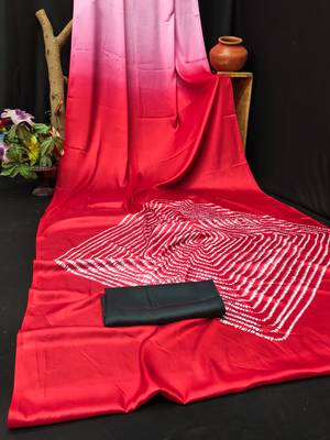 Red printed satin saree with blouse piece 5