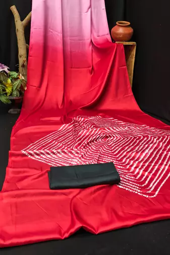Red printed satin saree with blouse piece