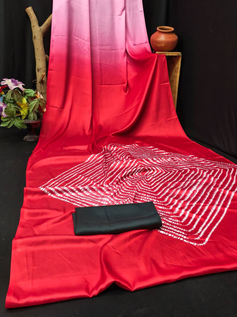 Red printed satin saree with blouse piece
