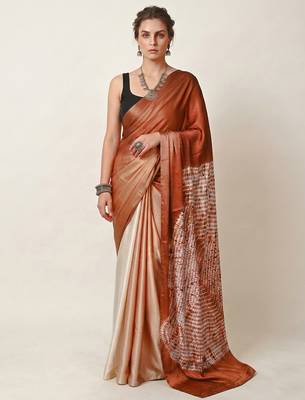 Rust printed satin saree with blouse piece 1