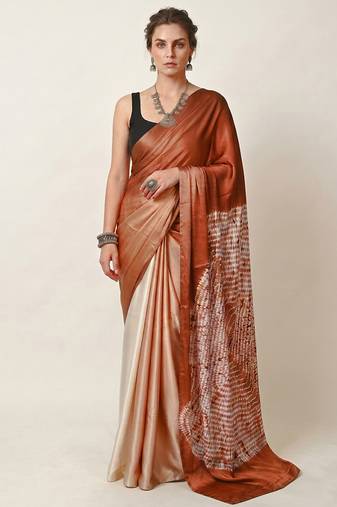 Rust printed satin saree with blouse piece