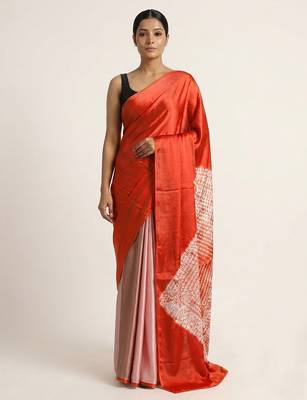 Orange printed satin saree with blouse piece 1