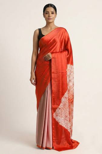Orange printed satin saree with blouse piece