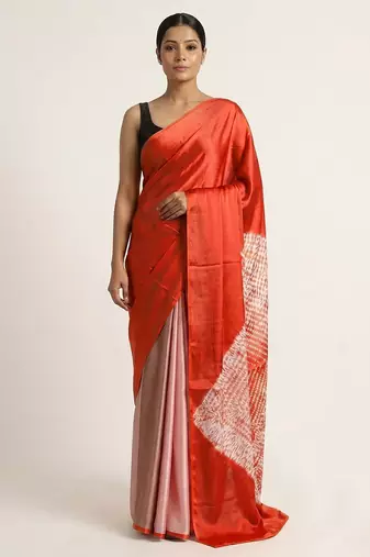 Orange printed satin saree with blouse piece