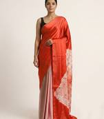 Orange printed satin saree with blouse piece