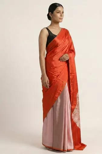 Orange printed satin saree with blouse piece