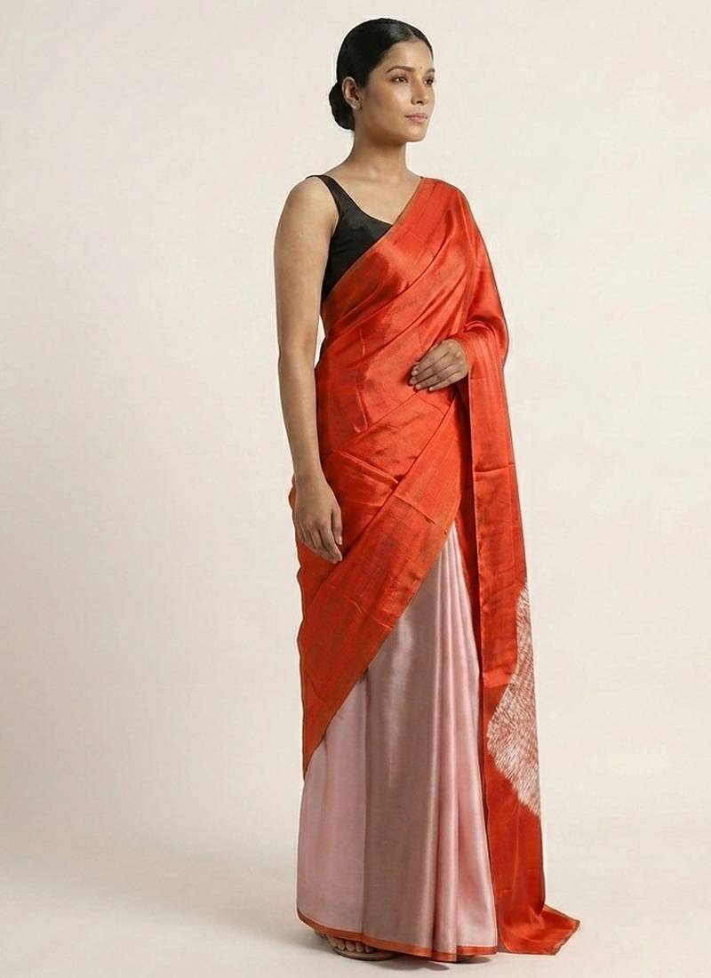 Orange printed satin saree with blouse piece