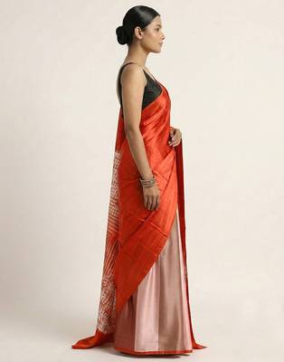 Orange printed satin saree with blouse piece 4