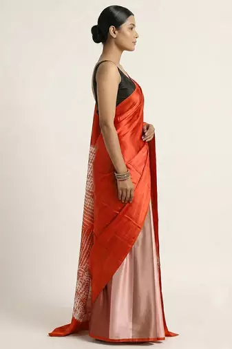 Orange printed satin saree with blouse piece