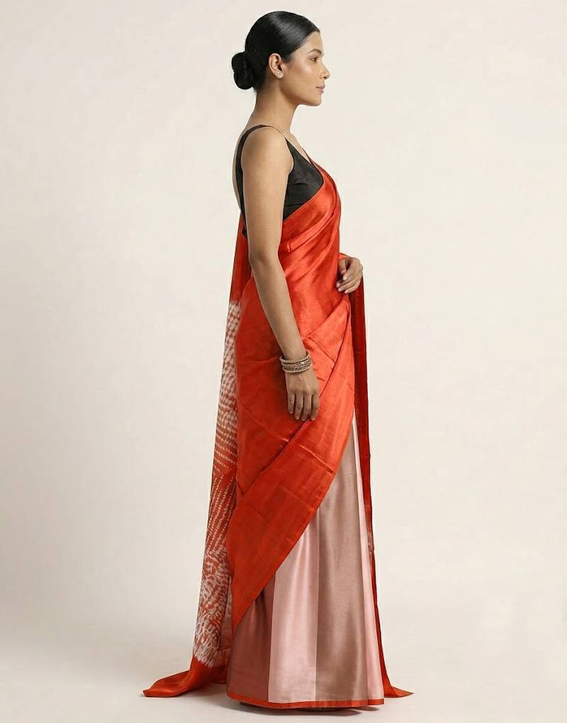 Orange printed satin saree with blouse piece