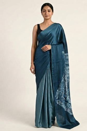 Blue printed satin saree with blouse piece
