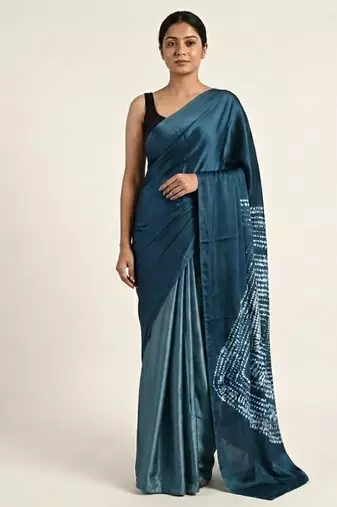 Blue printed satin saree with blouse piece