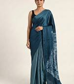 Blue printed satin saree with blouse piece