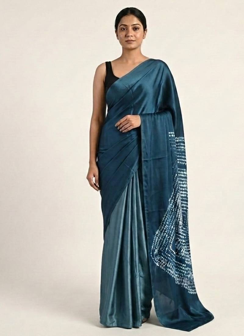 Blue printed satin saree with blouse piece