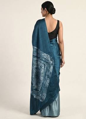 Blue printed satin saree with blouse piece 3