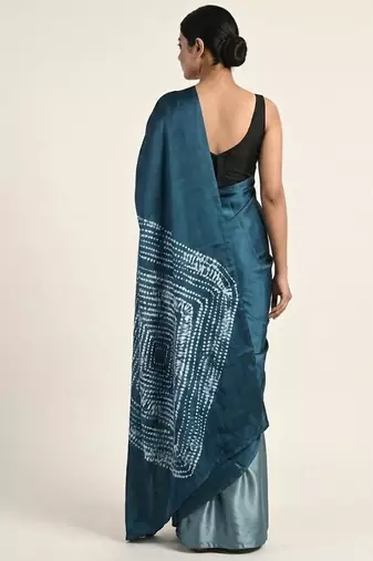 Blue printed satin saree with blouse piece