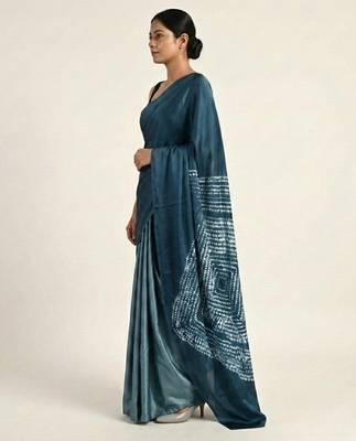 Blue printed satin saree with blouse piece 4