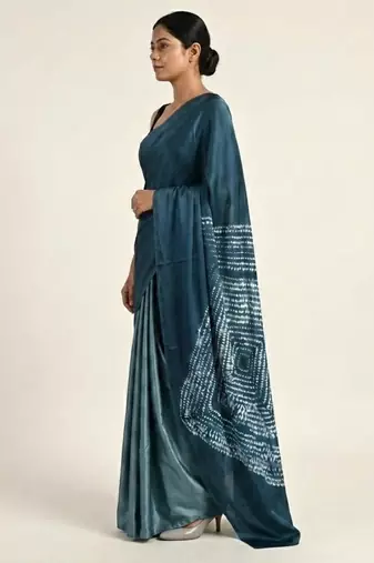 Blue printed satin saree with blouse piece