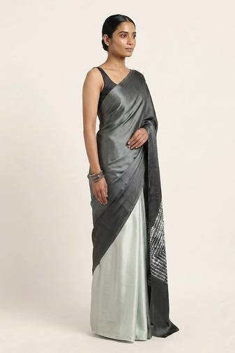 Grey printed satin saree with blouse piece