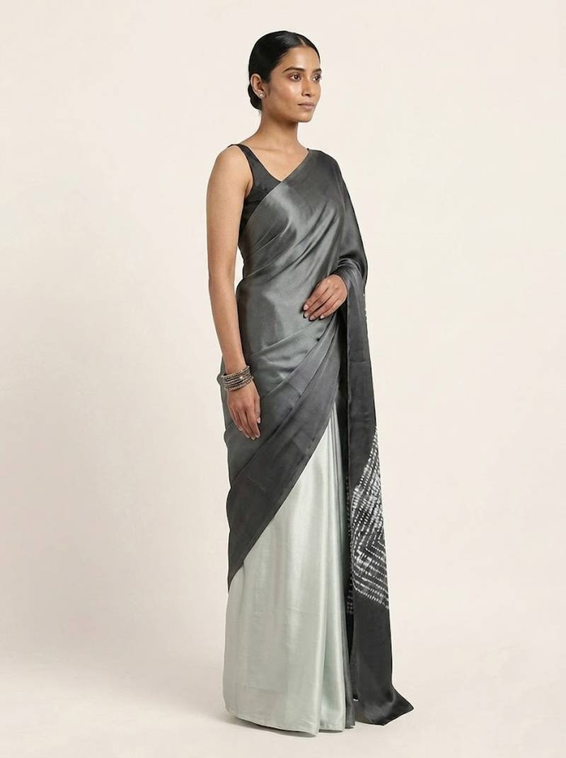 Grey printed satin saree with blouse piece